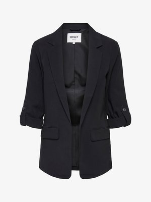 Blazer noir pour femme avec manches retroussées, pattes boutonnées, deux poches à rabat à l'avant, et design ouvert à l'avant.
