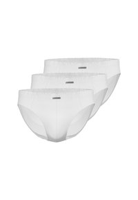 Trois paires de slips en coton blanc avec une ceinture élastique douce et un petit logo sur le devant, présentant un design classique.