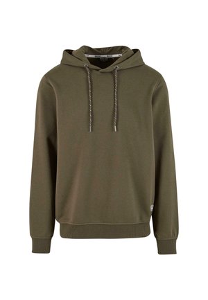 Olivgrüner Hoodie aus weichem Stoff, mit Kordelzugkapuze, gerippten Bündchen und lockerer Passform. Einfaches Design ohne Muster.