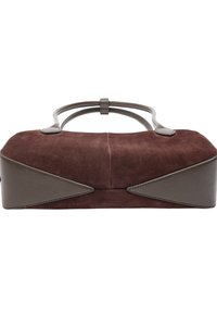Brązowa torebka z zamszu o ustrukturyzowanym kształcie, z szarymi skórzanymi akcentami i dwoma górnymi uchwytami do noszenia. Całość z teksturowanym wykończeniem.