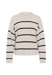 Pull en tricot beige avec des rayures navy, col rond et coutures d'épaule abaissées. Présente des poignets et un ourlet côte à côte avec un design texturé.