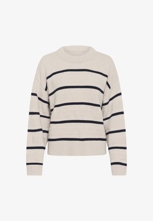 Beige Strickpullover mit marineblauen Streifen, Rundhalsausschnitt und überschnittenen Schultern. Verfügt über gerippte Bündchen und Saum mit einem strukturierten Design.
