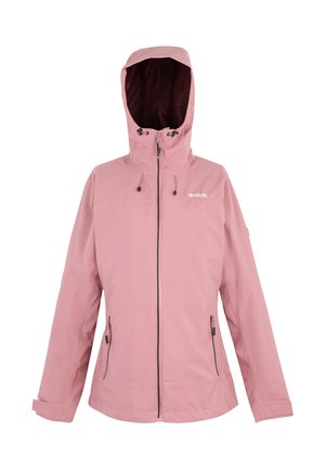 Pink hooded outdoor jacket with front zipper, zippered side pockets, adjustable hood cords, and long sleeves with adjustable cuffs.
