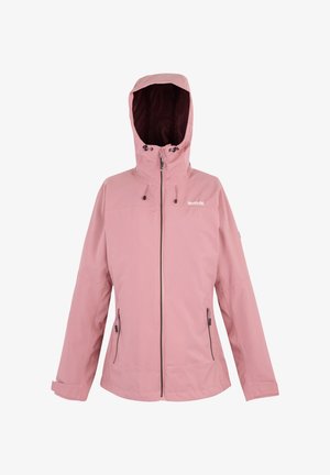 Pink hooded outdoor jacket with front zipper, zippered side pockets, adjustable hood cords, and long sleeves with adjustable cuffs.