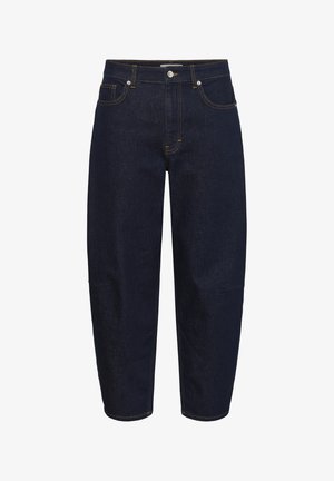 Dark blue denim jeans with a straight-leg cut, featuring gold stitching, front pockets, and a button closure. Smooth texture, mid-rise waist.