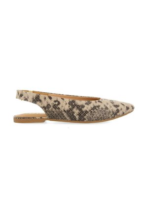 Flats à talon ouvert avec un bout pointu, présentant une tige en serpent aux motifs noir et beige et une semelle plate. Découpe notable à l'arrière.
