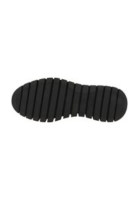 Suela de goma negra con un patrón estriado para tracción, que presenta surcos horizontales distintivos y un diseño de talón circular.