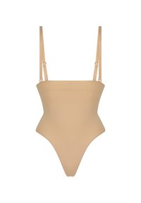 Beiger Body mit dünnen verstellbaren Trägern, figurbetontem Design, glatter Textur und einem hochgeschnittenen Bein-Stil. Keine sichtbaren Verschlüsse.