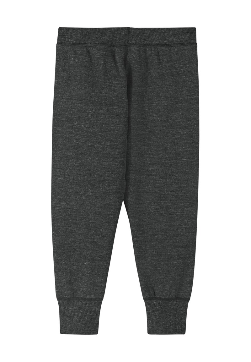 Ciemnoszare spodnie dresowe wykonane z miękkiego, teksturowanego materiału, z elastycznym pasem i dopasowanymi mankietami przy kostkach. Brak widocznych kieszeni.