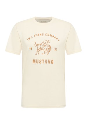 Maglietta crema a maniche corte con grafica in stile vintage di un cowboy che cavalca un cavallo imbizzarrito e testo "INT. JEANS COMPANY MUSTANG".