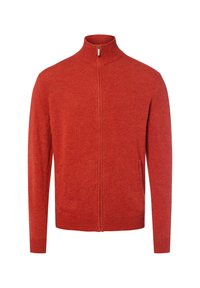 Rode zip-up trui met hoge kraag, ribgebreide manchetten, zachte textuur en twee zijzakken, gemaakt van een lichtgewicht gebreid materiaal.