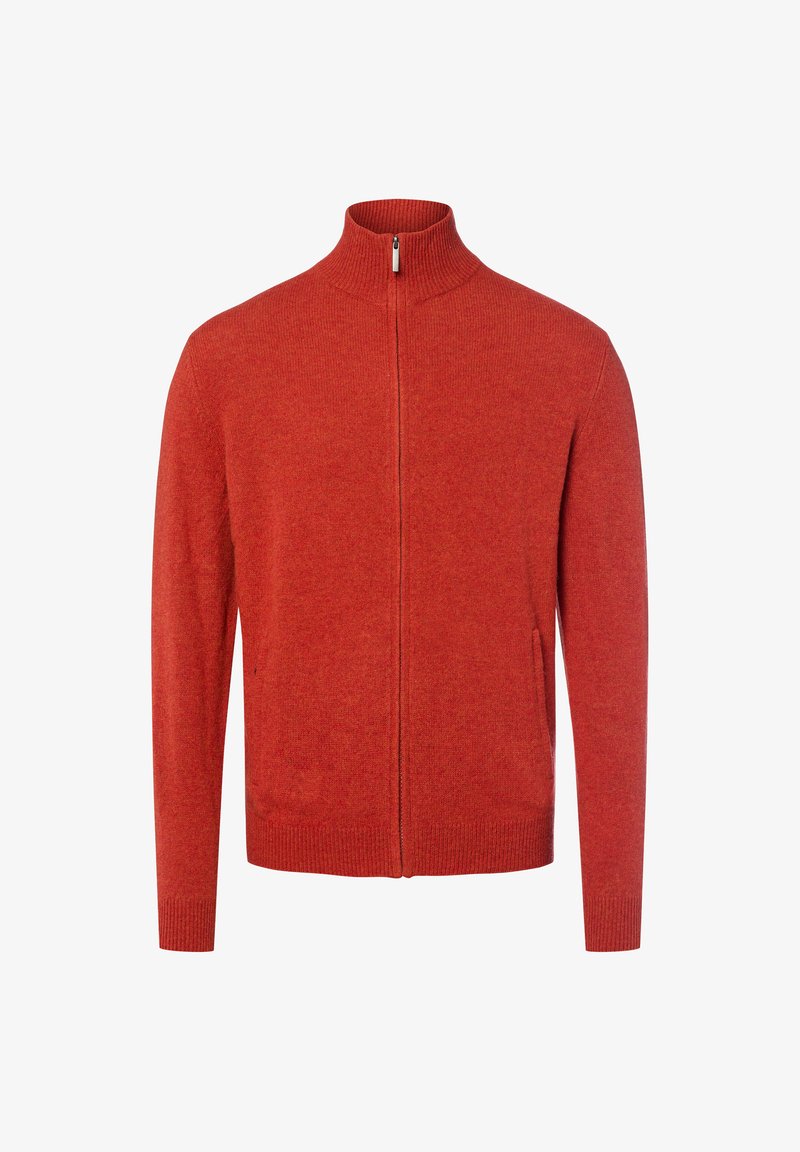 Rode zip-up trui met hoge kraag, ribgebreide manchetten, zachte textuur en twee zijzakken, gemaakt van een lichtgewicht gebreid materiaal.