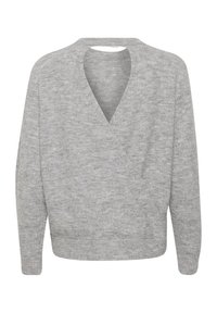 Lys grå sweater med V-udskæring, åben rygdetalje og lange ærmer. Lavet af blødt, tekstureret stof med et afslappet design.