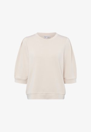 Kremowa bluzka z krótkim rękawem, okrągłym dekoltem i lekko bufiastymi rękawami, oznaczona marką Marie Lund Copenhagen, rozmiar mały.