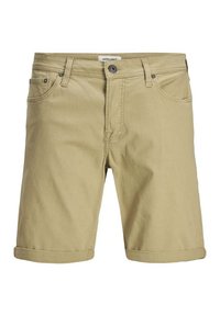 Pantalones cortos caqui de algodón suave, con un diseño clásico de cinco bolsillos, bajos enrollados y cierre de botón metálico.