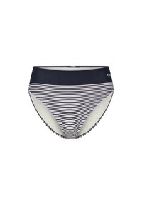 Navyblauwe en witte gestreepte bikini-broekjes met een effen navy tailleband en een klein wit logo detail aan de zijkant.