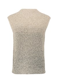 Gebreide mouwloze trui in lichtbeige, met een textuur en ombre ontwerp dat overgaat naar donkerdere tinten aan de onderkant.