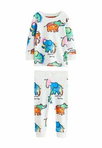 Baumwoll-Pyjama-Set mit weißem Hintergrund und bunten Elefantenmotiven. Langärmliges Oberteil und Hosen mit elastischem Bund und Bündchen.