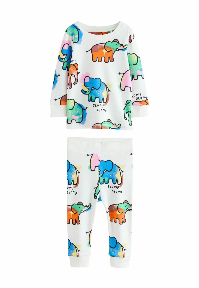 Sunt set de pijamale din bumbac, având un fundal alb cu imprimeuri colorate de elefanți. Top cu mânecă lungă și pantaloni cu talie elastică și manșete.