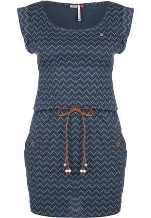 Blue short-sleeve dress with white zigzag pattern, brown rope belt with beads, two side pockets with buttons, and a scoop neckline.