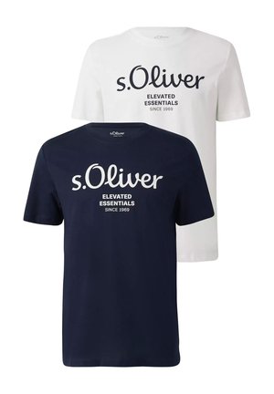 Two t-shirts: one white with black text, the other navy blue with white text. Both feature crew necks and short sleeves.
