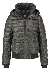 Kurtka pikowana w ciemnozielonym kolorze z subtelnym zwierzęcym nadrukiem, z przodu na zamek, z prążkowanymi mankietami i dołem oraz odpinanym kapturem.