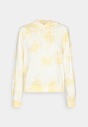 Yellow tie-dye pullover hoodie with a relaxed fit, drawstring hood, and ribbed cuffs. Soft fabric texture with a light, airy appearance.