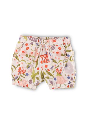 Blumenmuster-Shorts mit elastischem Bund, in verschiedenen Farben wie Pink, Rot, Grün und Lila. Zwei seitliche Taschen.