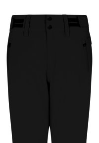 Schwarze Hose mit vorderem Knopfverschluss, Gürtelschlaufen und Reißverschlusstaschen auf beiden Seiten.