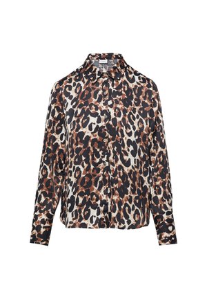 Leporelpunt blouse met een kraag, lange mouwen, knoopsluiting aan de voorkant, zachte stof, met een patroon in bruin, zwart en crème kleuren.