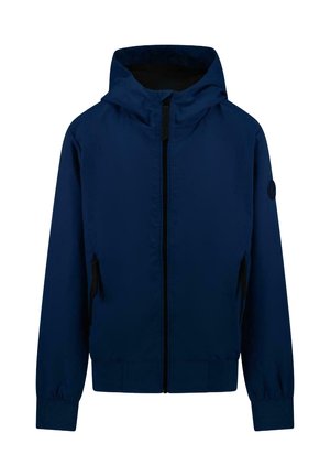 Marineblauwe capuchonjas gemaakt van lichtgewicht stof, met een ritssluiting aan de voorkant, twee zijzakken en elastische manchetten voor een strakke pasvorm.