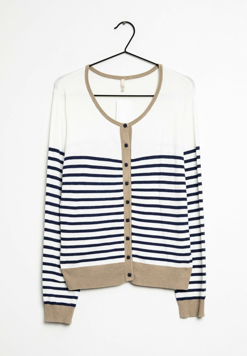 Gestreepte lichte cardigan in wit en marineblauw met beige accenten, met een V-hals, knoopsluiting en lange mouwen.