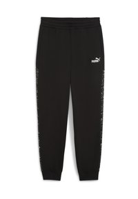 Schwarze Jogginghose aus weichem Material mit einem breiten elastischen Bund und glänzenden Seiteneinsätzen mit Paillettenmuster. Puma-Logo auf der Vorderseite.