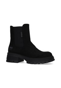 Schwarze Wildleder-Ankle-Boots mit elastischen Seitenpanele, robuster Sohle und quadratischer Zehenkappe. Mit Rillendetails an der Sohle und Logo an der Seite.
