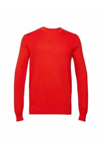 Czerwony sweter z dzianiny, z okrągłym dekoltem, długimi rękawami i strukturalnym wzorem. Gładka tkanina z ściągaczami przy mankietach i dolnej krawędzi.
