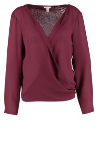 Blusa cruzada burdeos de tejido ligero, con mangas largas, escote en V profundo y un diseño suavemente drapeado para un ajuste relajado.