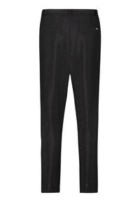 Zwarte, gestructureerde spijkerbroek met een slim fit. Beschikt over twee achterzakken en een tailleband. De stof heeft een subtiele glans.