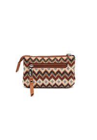 Piccola pochette rettangolare con motivo zigzag intrecciato in marrone, rosso, nero e beige, e due scomparti con cerniera dotati di tiranti in pelle.