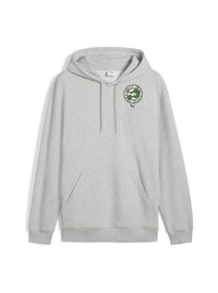 Grå hoodie, blanding af bomuld, kængurulomme, hætte med snor, har et grønt cirkulært logo på venstre bryst med tekst omkring det.