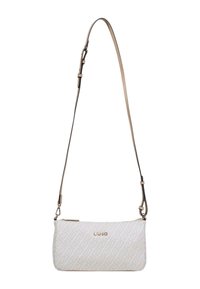 Borsa a tracolla bianca con motivo decorativo, dotata di una lunga tracolla regolabile e dettagli in metallo dorato. Caratterizzata da una chiusura con cerniera e logo in rilievo sul davanti.
