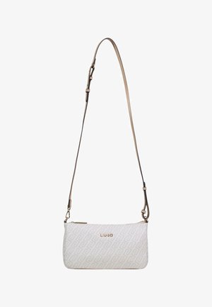 Bílá kabelka přes rameno s dlouhým, nastavitelným páskem a zlatými kovovými doplňky. Má zapínání na zip a na přední straně reliéfní logo.