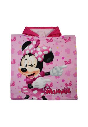 Serviette à capuche rose avec Minnie Mouse qui fait un clin d'œil, portant un nœud et une robe à pois, pointant vers la droite, avec le texte "MINNIE" sur un fond floral.