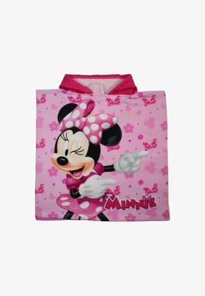 Serviette à capuche rose avec Minnie Mouse qui fait un clin d'œil, portant un nœud et une robe à pois, pointant vers la droite, avec le texte "MINNIE" sur un fond floral.