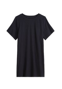 Donkerblauwe t-shirt van gestructureerde stof, met een ronde hals en korte mouwen. Eenvoudig ontwerp zonder zichtbare patronen of accenten.