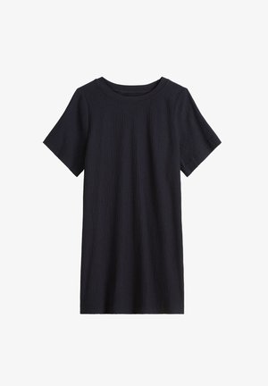 Dunkelblaues T-Shirt aus strukturiertem Stoff, mit Rundhalsausschnitt und kurzen Ärmeln. Schlichtes Design ohne sichtbare Muster oder Akzente.