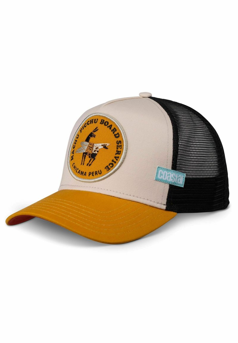 Beige trucker cap with a yellow brim, black mesh back, and a circular embroidered patch featuring a llama design and text.
