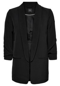 Blazer nero con colletto a scialle, maniche a tre quarti, tasche frontali e una superficie liscia; senza chiusure, interno completamente foderato.