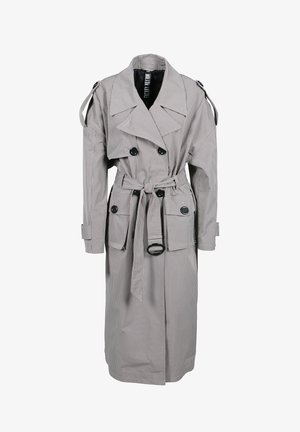 Grau-weiß karierter Trenchcoat mit doppelreihigen Knöpfen, tailliertem Schnitt, Schulterauschnitten und zwei vorderen Taschen.