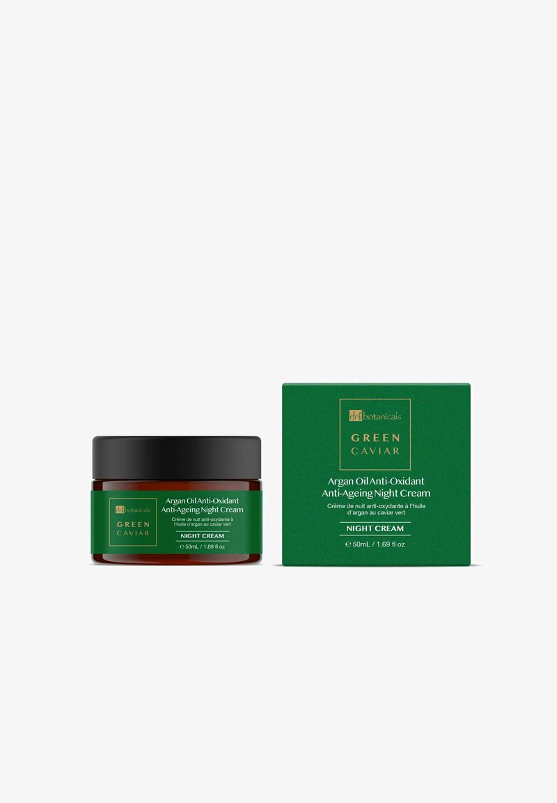 Słoik i pudełko kremu na noc Dr Botanicals Green Caviar Argan Oil z antyoksydantami i działaniem przeciwstarzeniowym, każde po 50 ml, w zielono-złotym opakowaniu.
