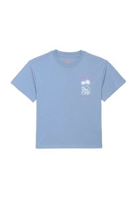 T-shirt en coton bleu clair à manches courtes, ornée d'un graphisme d'une tête de mort et de palmiers en blanc et rose sur la poitrine gauche.